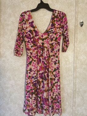 CAbi Pink Multi Floral V-Neck Midi Dress